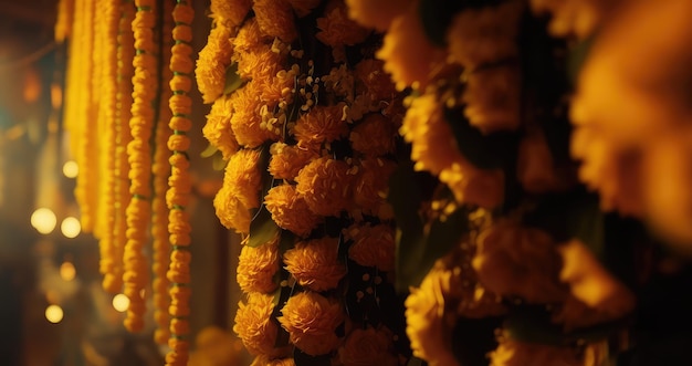 Natural marigold flower garland backdrop for wedding and event generative ai