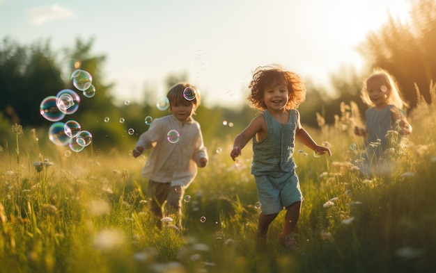 写真 自然の草原の子供たちがバブルを遊んでいる