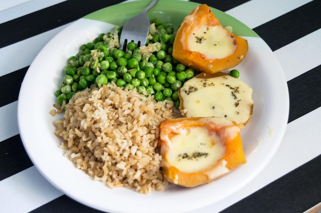 Natural meal served on a striped table