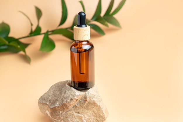Natural medicine or aroma oil or beauty essence with dropper on stone podium stand with green ruskus branch on beige background Face and body spa serum care concept