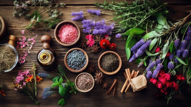 Natural Medicine Various herbs and natural remedies on wooden background Created with Generative AI technology