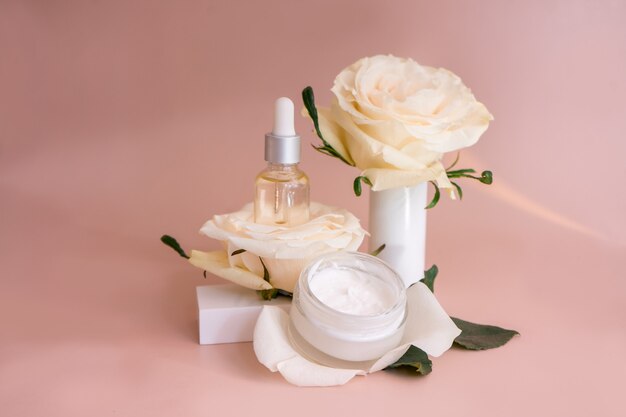 Natural minimal beauty pedestal. Empty cosmetics podiums on beige background with shadow . High quality photo