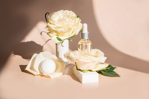 Natural minimal beauty pedestal. Empty cosmetics podiums on beige background with shadow . High quality photo