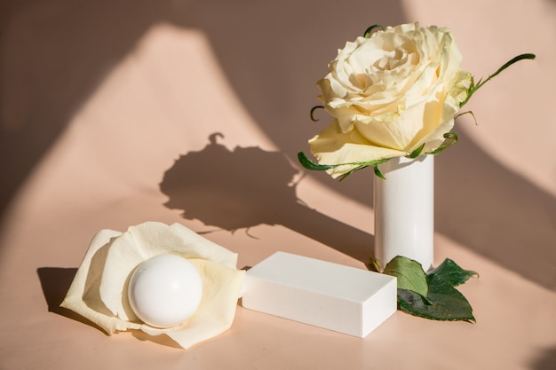 Natural minimal beauty pedestal. Empty cosmetics podiums on beige background with shadow . High quality photo