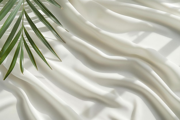 Natural minimalistic background with white textile palm leaves and beautiful light Empty copy space for text Nordic style backdrop Generative AI