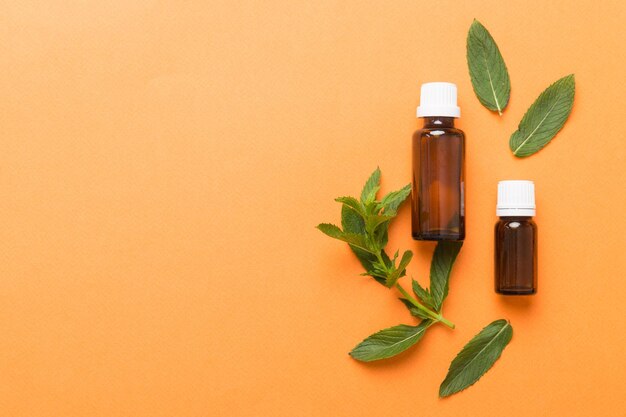 Natural Mint Essential Oil in a Glass Bottle organic cosmetics with herbal extracts of mint on colored background