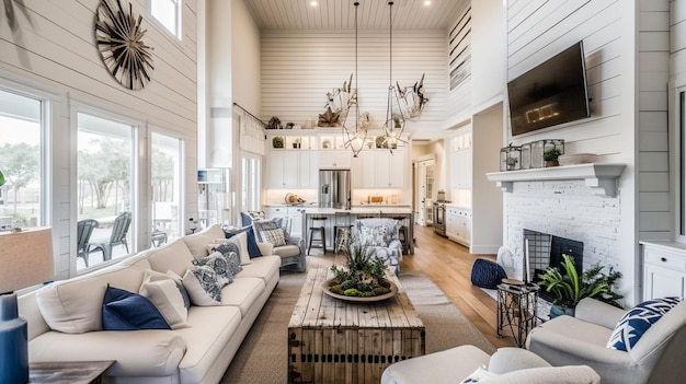 natural Modern Farmhouse with white and blue details farmhouse interior Generative Ai