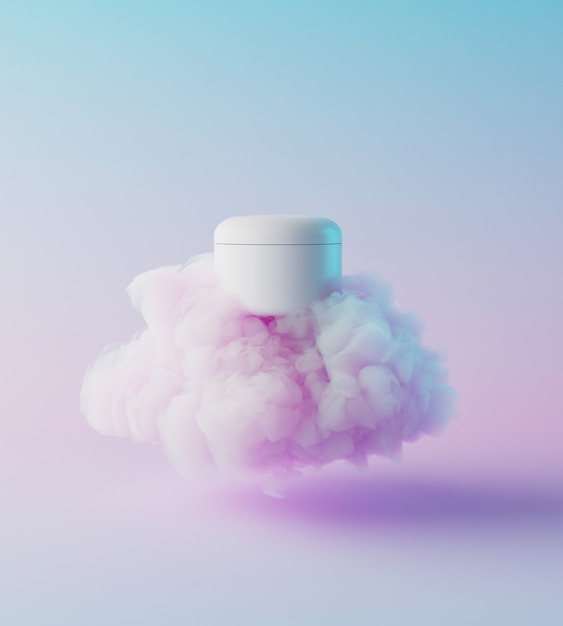 Косметическая презентация натурального увлажняющего крема с облаком, подиум с макетом сцены для демонстрации продукта. увлажняющая концепция. 3D рендеринг