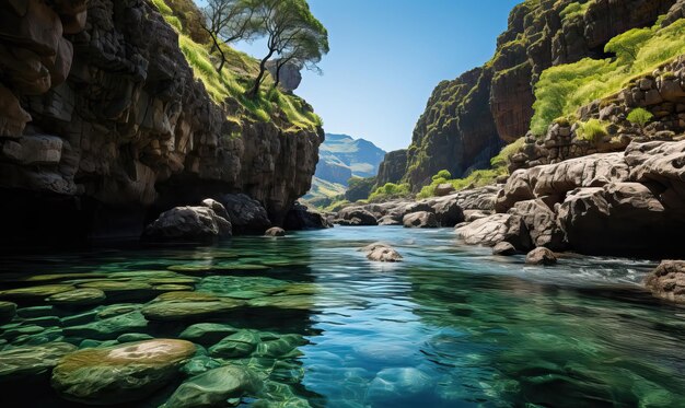 Natural mountain landscape river flow between mountains on a summer day