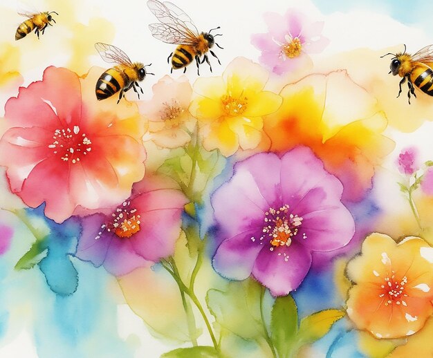 Photo natural multicolor abstract flowers and honey bees background painting on paper hd watercolor image