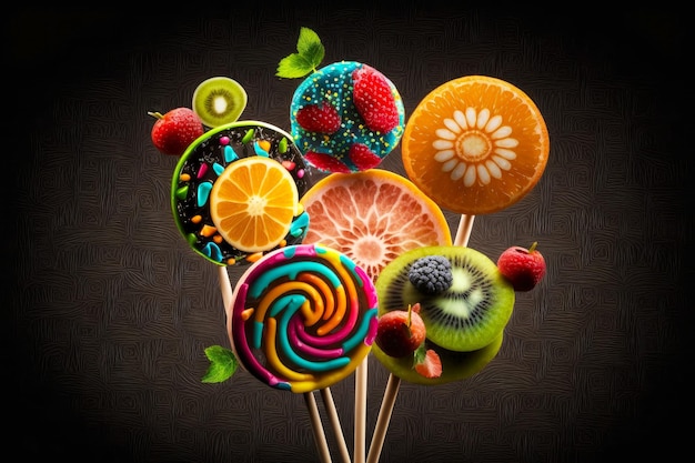 Natural multicolored lollipops with fruit on black background