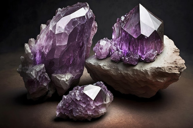 Natural mystic purple amethyst crystals on grey background