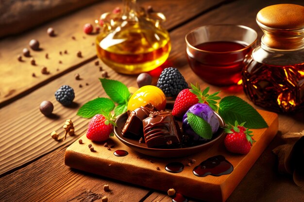 Natural oil chocolate truffle candy with fruit and caramel on wooden table