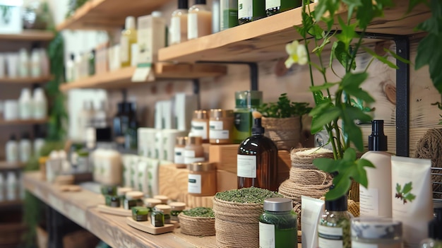 Natural and organic beauty products on wooden shelves in a retail store The shelves are stocked with a variety of products