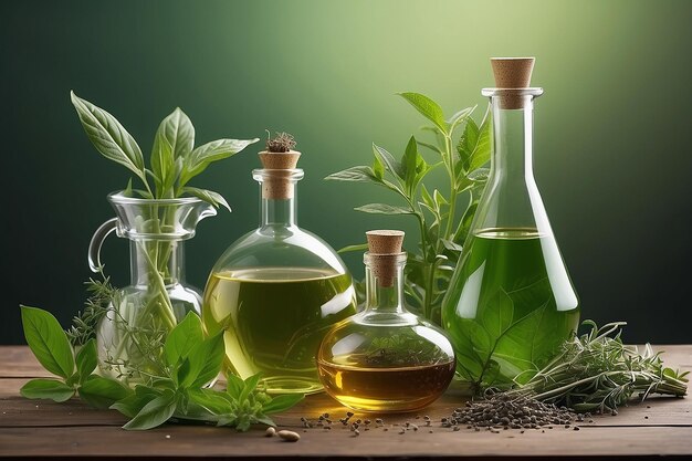 Natural organic botany and scientific glassware Alternative herb medicine Natural skin care beauty products Research and development concept