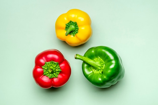 Natural Organic colorful bulgarian bell pepper on trend green background Top view