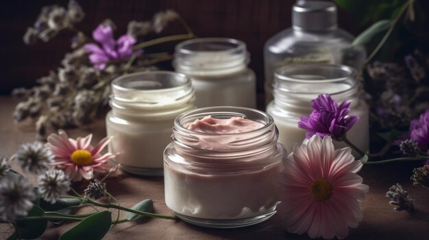 Natural organic eco cosmetics in open jars with bloom Al generated