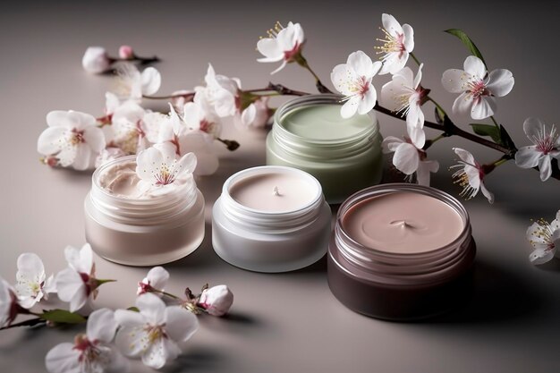 Natural organic eco cosmetics in open jars with blooming cherry flowers beauty and SPA theme Cosmetic containers with cream or lotion natural ingredients face care concept AI generated image