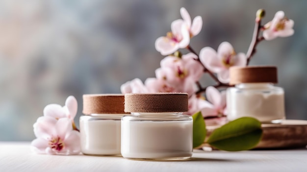 Natural organic eco cosmetics in open jars with blooming cherry flowers beauty and SPA theme Cosmetic containers with cream or lotion natural ingredients face care concept Generative Ai