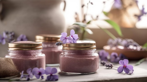 Natural organic eco cosmetics in open jars with blooming cherry flowers beauty and SPA theme Cosmetic containers with cream or lotion natural ingredients face care concept Generative Ai