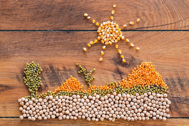 Natural organic food. Top view of different kinds of groats laying on the wooden desk