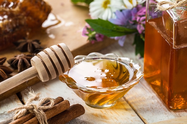 Natural organic honey  on rustic  table