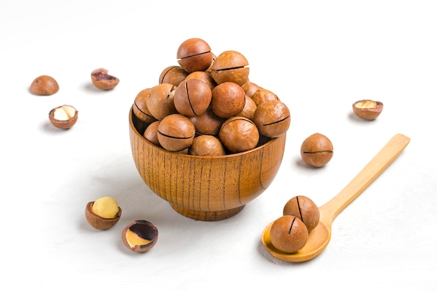 Natural organic macadamia nuts in bowl