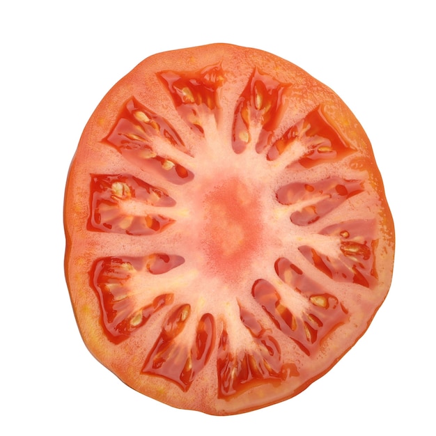 白い背景の上の自然な有機村トマト単一半分生トマト分離背景クリッピング パス
