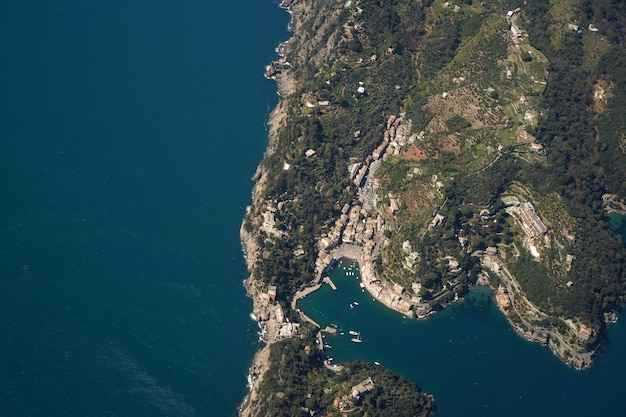 Natural Park of Portofino Liguria Italy aerial view from airplane before landing in Genoa