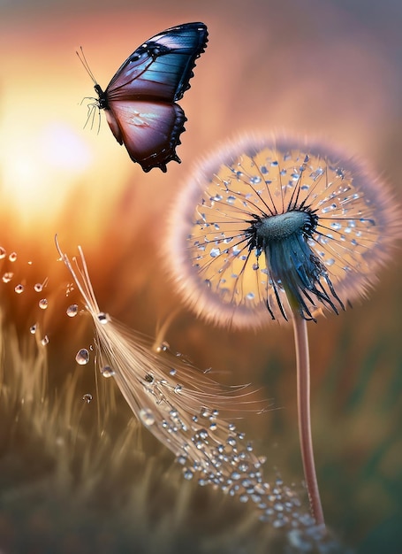 Natural pastel background Morpho butterfly and dandelion Seeds of a dandelion flower_ai_generated
