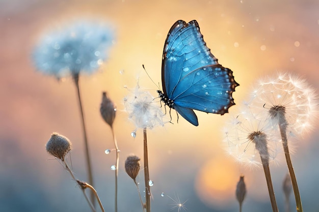 Natural pastel background Morpho butterfly and dandelion Seeds of a dandelion flower