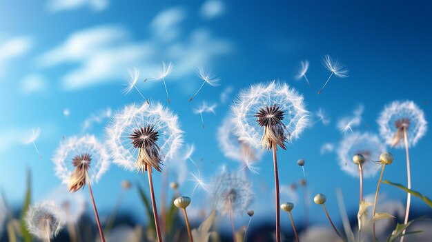 Natural pastel background Morpho butterfly and dandelion Seeds of a dandelion flower