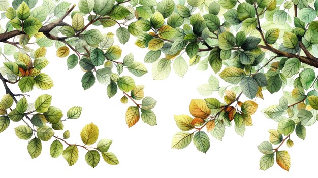 A Natural Pattern of Leaves and Branches in Green and Brown on White Background