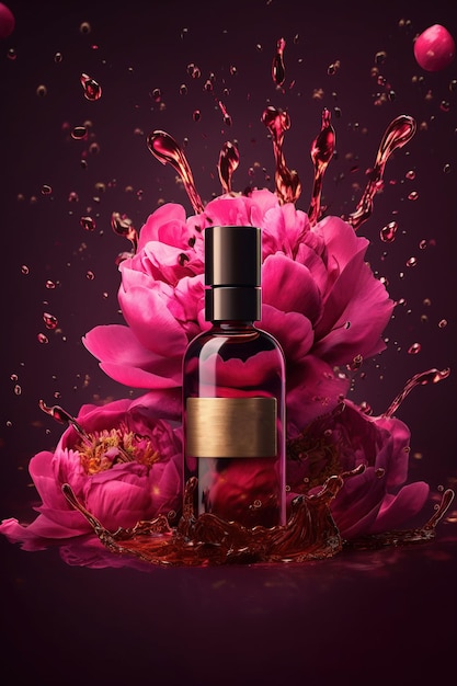 Natural peony essential oil in a glass bottle splash