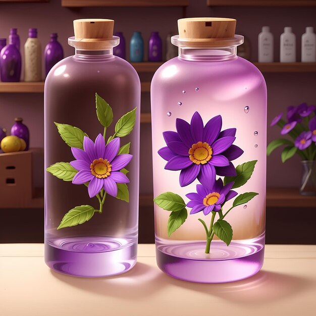 Natural perfume in a nice glass bottle on a wooden background with purple flowers