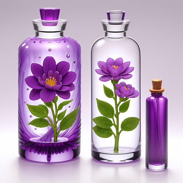 Photo natural perfume in a nice glass bottle on a wooden background with purple flowers