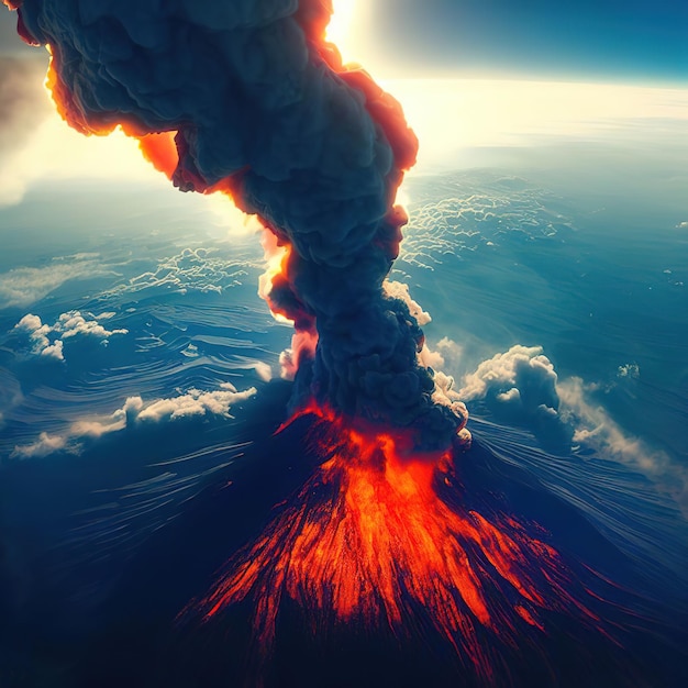 Foto fenomeno naturale enorme eruzione del vulcano che scorre colate di lava illustrazione generata da ai