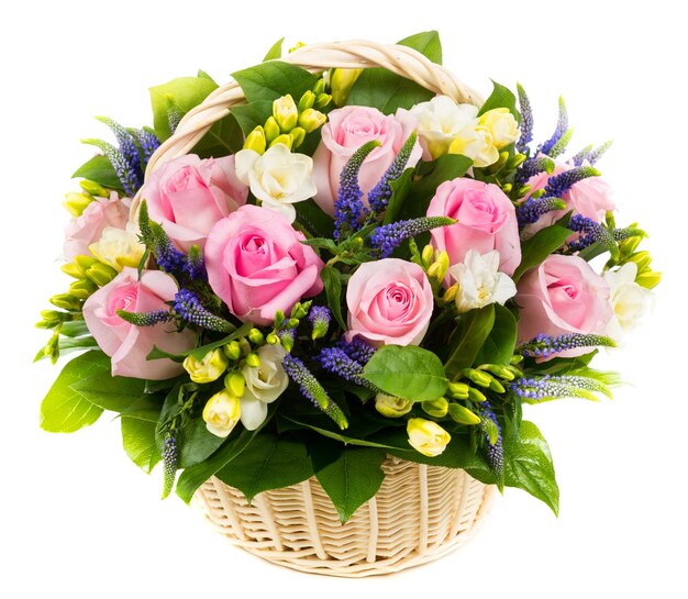 Natural pink roses in a basket