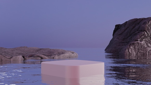 natural podium or pedestal on water with rocks, empty stand display, clean platform product showcase