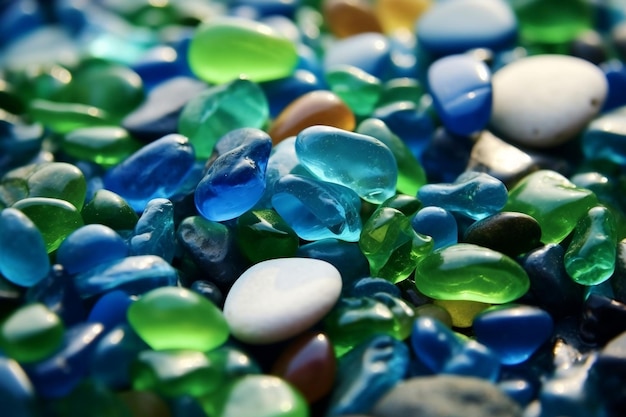 Natural polish textured sea glasses and stones on the seashore