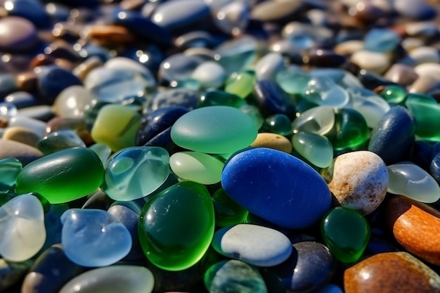 Photo natural polish textured sea glasses and stones on the seashore