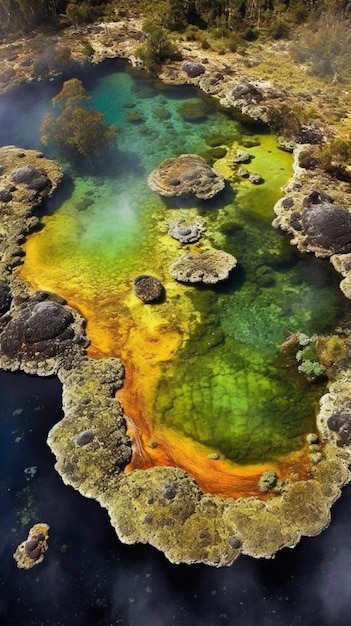 A natural pool of water with green and orange colored water.