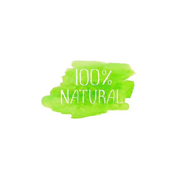 Natural products concept logo design template. Green watercolor hand drawn label emblem poster banner. Lettering on green brush texture watercolour spot illustration isolated on white background.