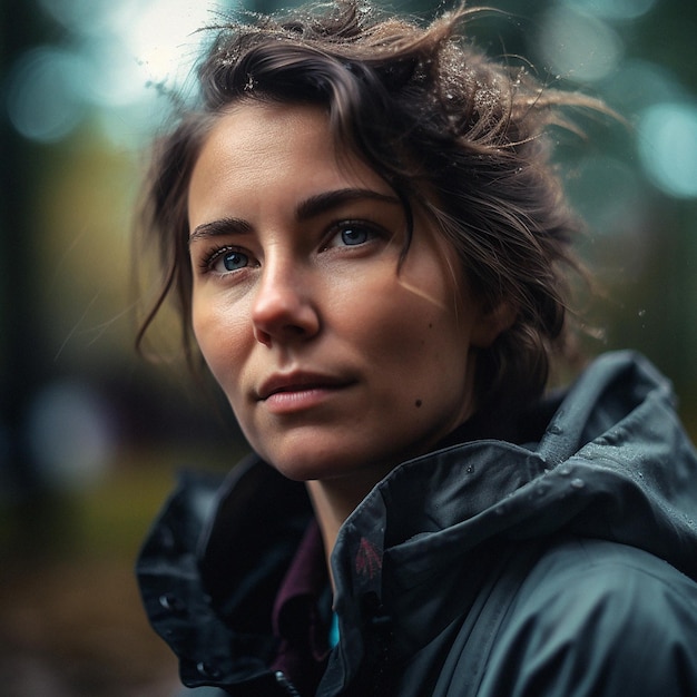 Natural real person portrait and closeup of a woman girl or female outside in nature or a forest Artistic edgy and cute or pretty face AI generated