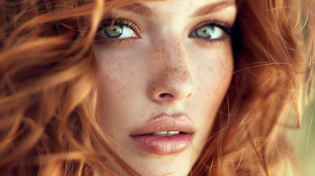 Natural redhead woman with green eyes and freckles She has a soft smile and her hair is blowing in the wind