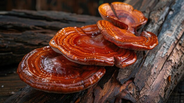 Photo natural reishi or lingzhi mushroom growing on old bark