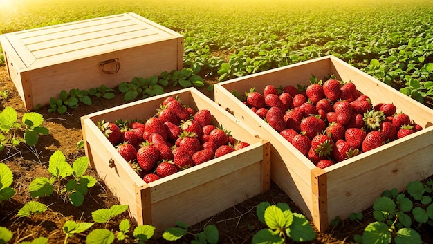 Natural ripe strawberry in wooden box on the field