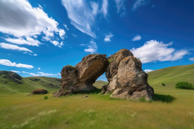 Natural rock formation surrounded by rolling hills and blue skies created with generative ai