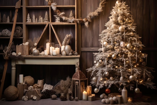 自然な田舎のクリスマス装飾 大きな装飾されたクリスマスツリー 木製のジュエリー ベリー 沢山のライト