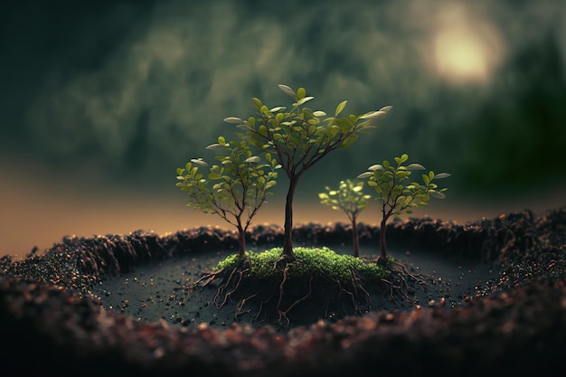 Natural scene of tiny trees on the ground growing trees